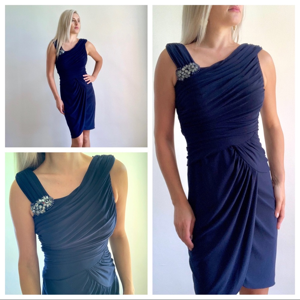 Adrianna Papell Ruched Navy Blue Jeweled Dress 6